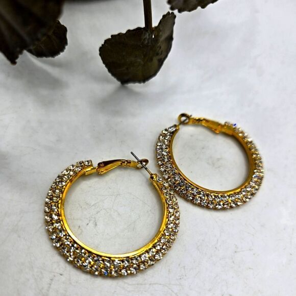 "5/$25" Gold Tone Pave Rhinestone Bling Hoop Earrings - Picture 1 of 7